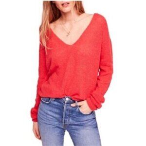 Free People Pullover Gossamer V-Neck Sweater Coral Red Light Knit SZ XS New